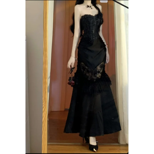 Gorgeous Mermaid Strapless Black Satin Lace Long Prom Dress, Party Dress, Evening Dress GG2919