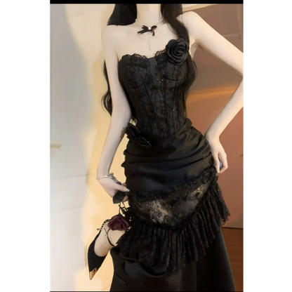 Gorgeous Mermaid Strapless Black Satin Lace Long Prom Dress, Party Dress, Evening Dress GG2919