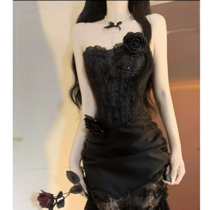 Gorgeous Mermaid Strapless Black Satin Lace Long Prom Dress, Party Dress, Evening Dress GG2919