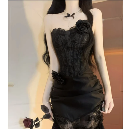 Gorgeous Mermaid Strapless Black Satin Lace Long Prom Dress, Party Dress, Evening Dress GG2919