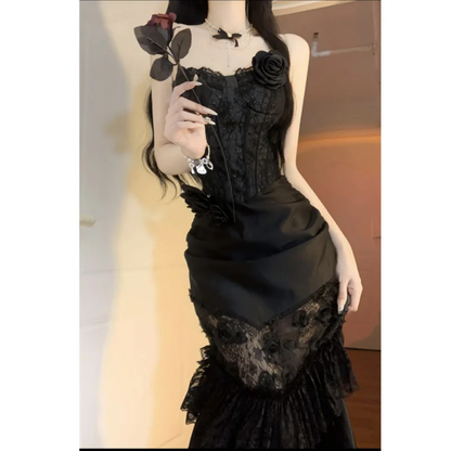 Gorgeous Mermaid Strapless Black Satin Lace Long Prom Dress, Party Dress, Evening Dress GG2919