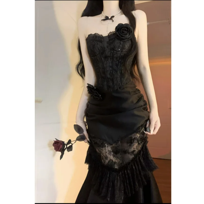 Gorgeous Mermaid Strapless Black Satin Lace Long Prom Dress, Party Dress, Evening Dress GG2919