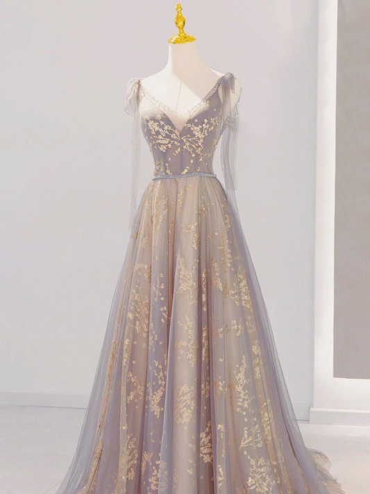 Chic A Line V Neck Beaded Applique Tulle Long Prom Dress, Evening Dress GG291