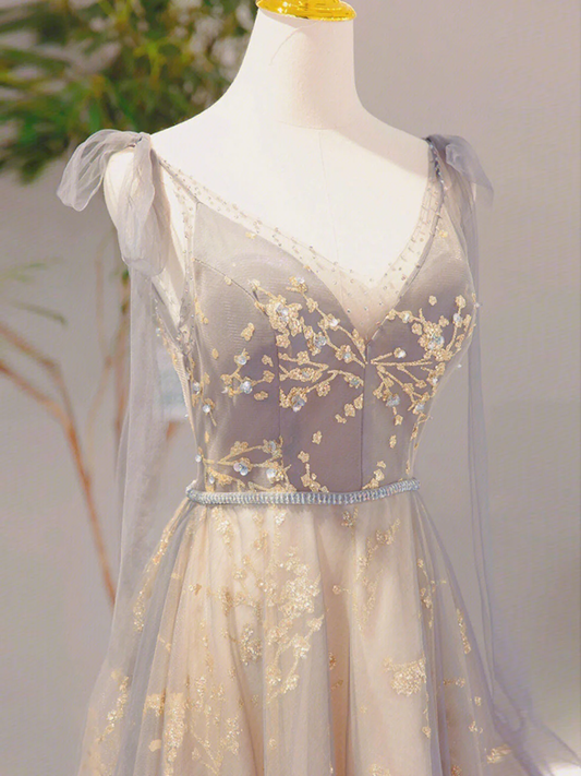 Chic A Line V Neck Beaded Applique Tulle Long Prom Dress, Evening Dress GG291