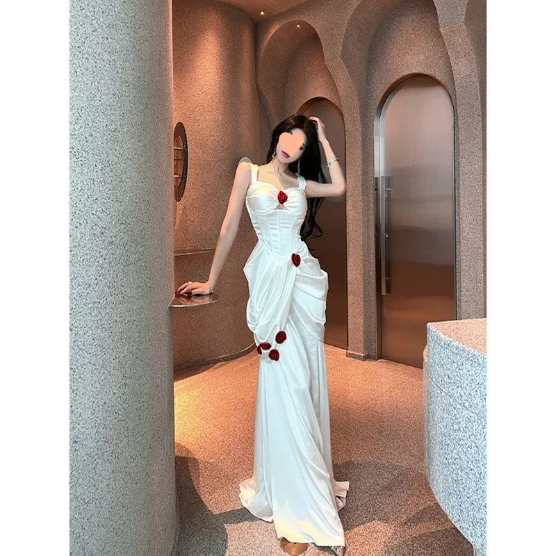 Unique Mermaid Sweetheart White Satin Applique Long Prom Dress, Party Dress, Evening Dress GG2920