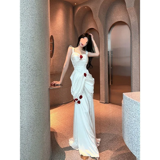 Unique Mermaid Sweetheart White Satin Applique Long Prom Dress, Party Dress, Evening Dress GG2920