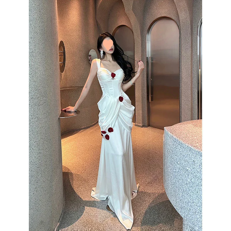 Unique Mermaid Sweetheart White Satin Applique Long Prom Dress, Party Dress, Evening Dress GG2920
