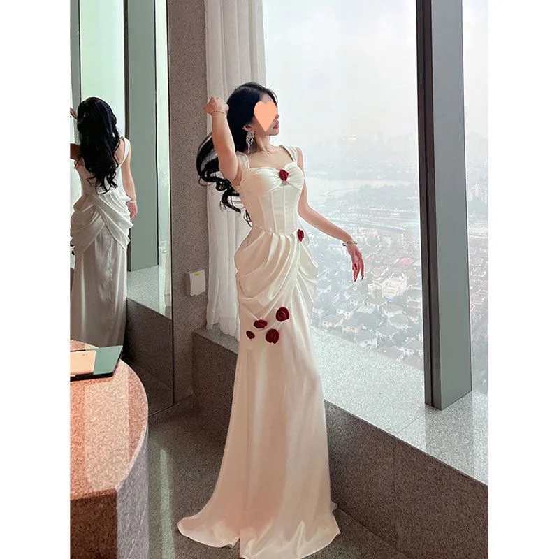 Unique Mermaid Sweetheart White Satin Applique Long Prom Dress, Party Dress, Evening Dress GG2920