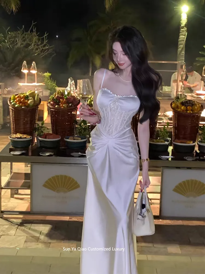 Elegant Mermaid Spaghetti Straps White Satin Pleated Long Prom Dress, Party Dress, Evening Dress GG2921