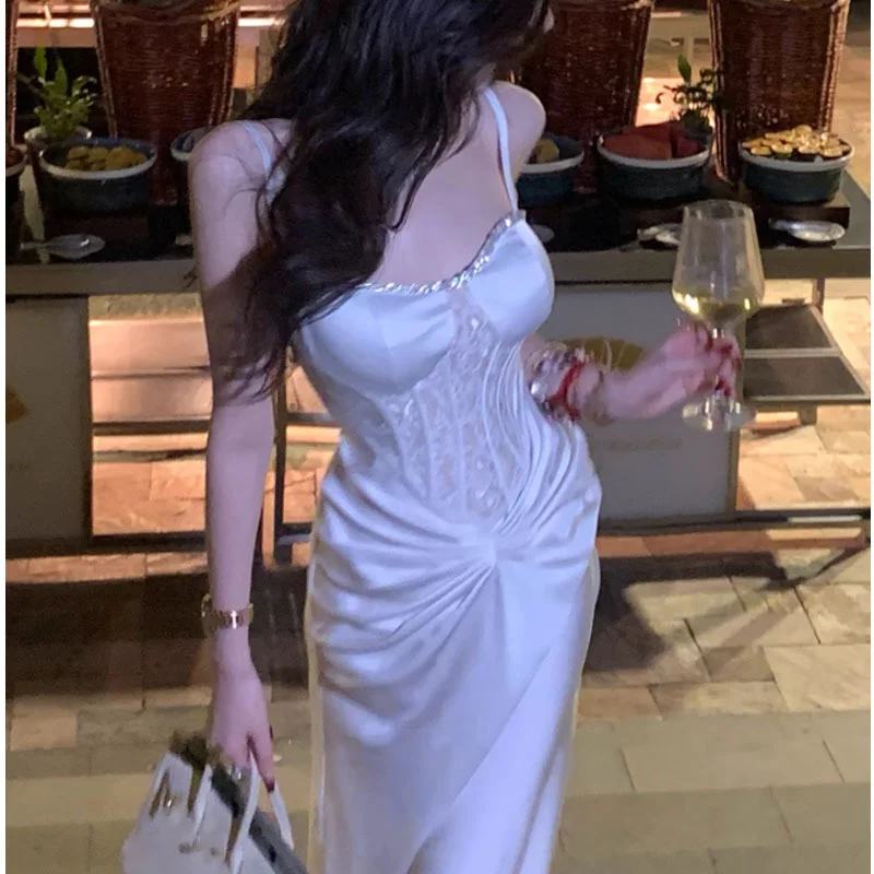 Elegant Mermaid Spaghetti Straps White Satin Pleated Long Prom Dress, Party Dress, Evening Dress GG2921