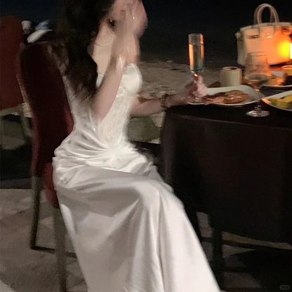 Elegant Mermaid Spaghetti Straps White Satin Pleated Long Prom Dress, Party Dress, Evening Dress GG2921