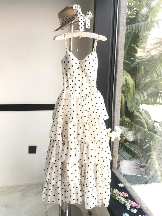 Chic A Line Spaghetti Straps Chiffon Polka Dots Long Prom Dress, Party Dress, Evening Dress GG2925