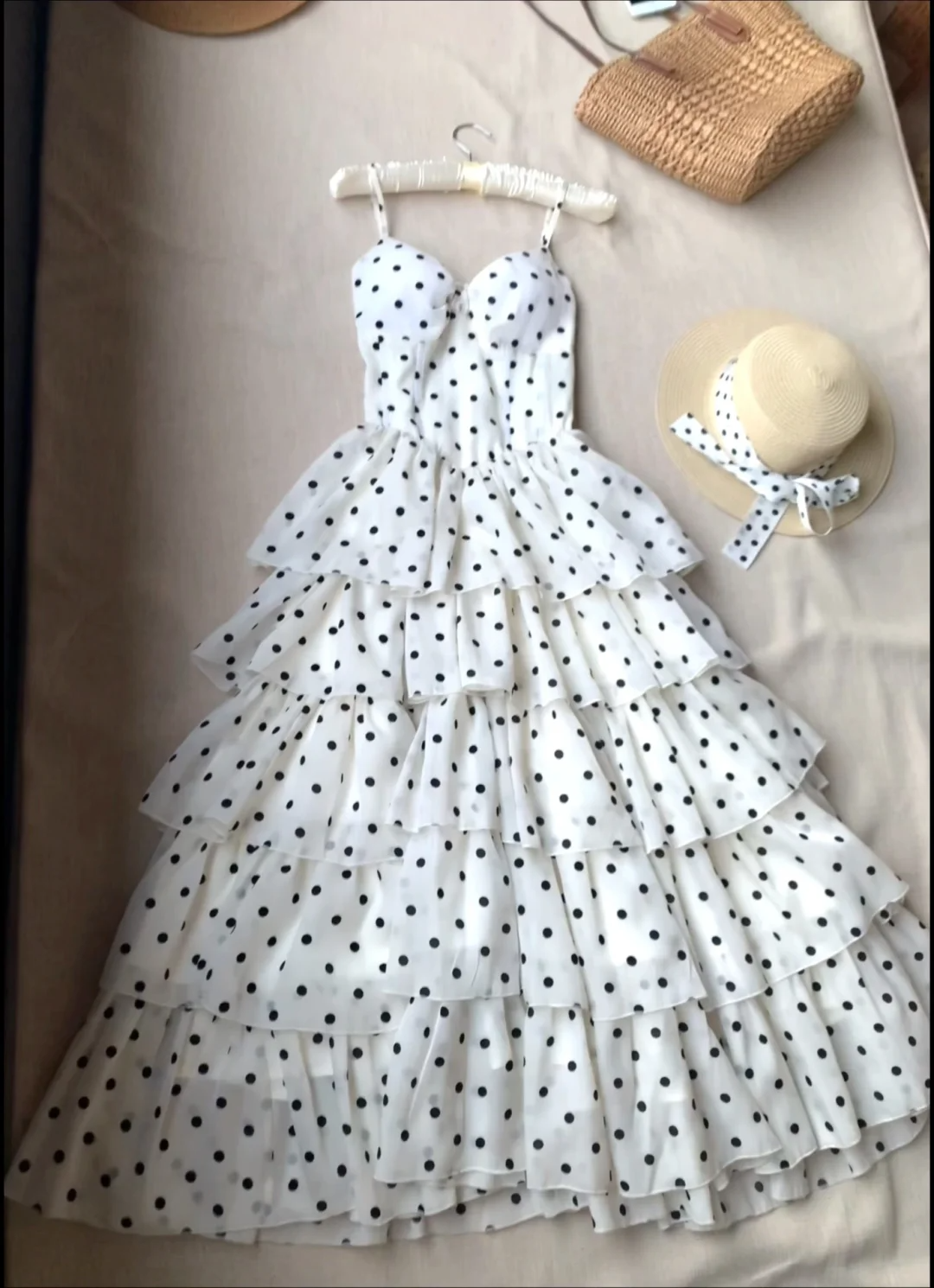 Chic A Line Spaghetti Straps Chiffon Polka Dots Long Prom Dress, Party Dress, Evening Dress GG2925