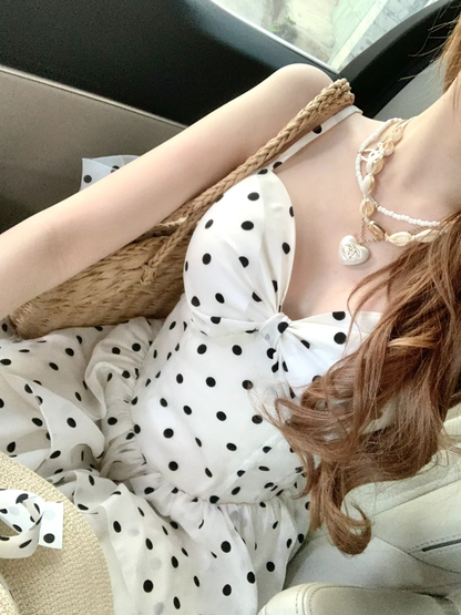 Chic A Line Spaghetti Straps Chiffon Polka Dots Long Prom Dress, Party Dress, Evening Dress GG2925