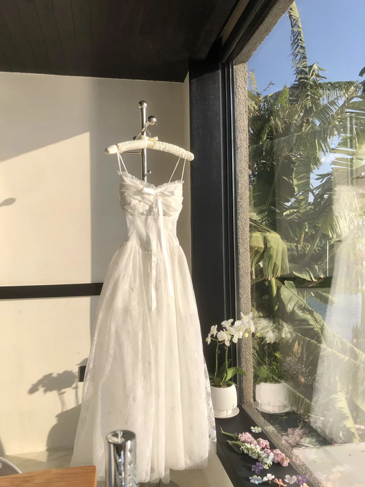 Cute A Line Spaghetti Straps White Tulle Lace Long Prom Dress, Party Dress, Evening Dress GG2926