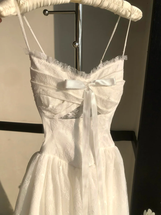 Cute A Line Spaghetti Straps White Tulle Lace Long Prom Dress, Party Dress, Evening Dress GG2926