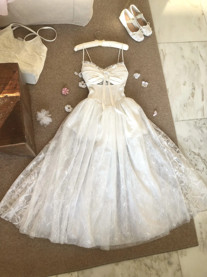 Cute A Line Spaghetti Straps White Tulle Lace Long Prom Dress, Party Dress, Evening Dress GG2926