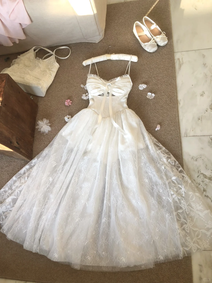 Cute A Line Spaghetti Straps White Tulle Lace Long Prom Dress, Party Dress, Evening Dress GG2926