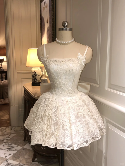 Lovely A Line Spaghetti Straps White Lace With Bow Short Prom Dress,Homecoming Dress,Birthday Dress GG2929