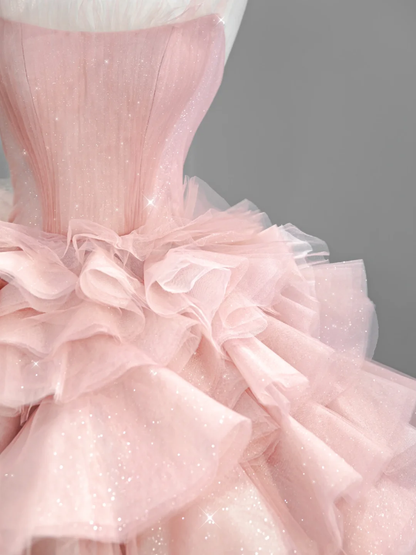 Fairy Ball Gown Strapless Soft Pink Satin Tulle Long Prom Dress, Wedding Dress, Evening Dress GG2932