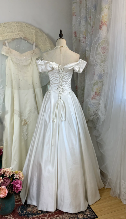 Elegant A Line Off The Shoulder White Satin Long Prom Dress, Party Dress, Evening Dress GG2933