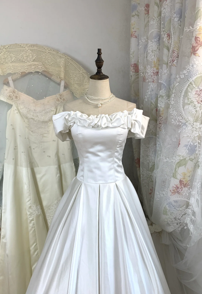 Elegant A Line Off The Shoulder White Satin Long Prom Dress, Party Dress, Evening Dress GG2933