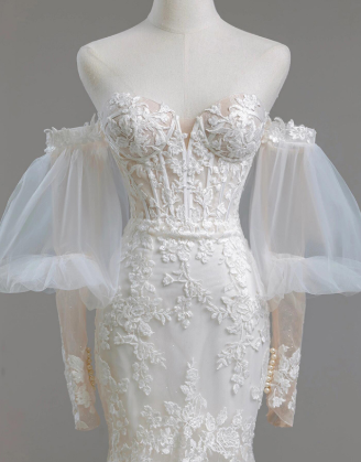 Timeless Mermaid  Sweetheart Tulle Applqiue Long Sleeves Long Wedding Dress GG2941