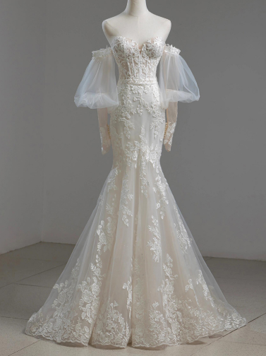 Timeless Mermaid  Sweetheart Tulle Applqiue Long Sleeves Long Wedding Dress GG2941