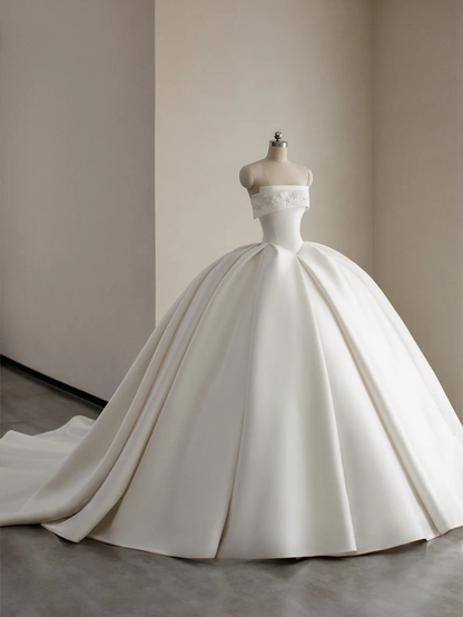 Princess Ball Gown Strapless White Satin Applique Long Wedding Dress GG2942