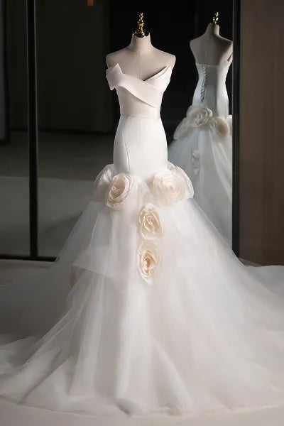 Simple Mermaid Strapless White Satin Tulle Applique Long Wedding Dress GG2943