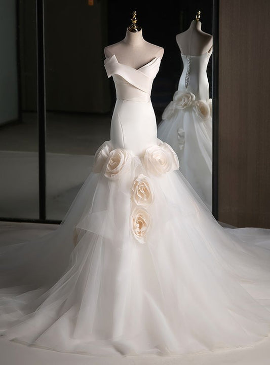 Simple Mermaid Strapless White Satin Tulle Applique Long Wedding Dress GG2943