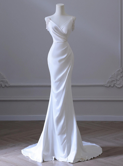 Classy Mermaid Spaghetti Straps White Satin Long Wedding Dress GG2944
