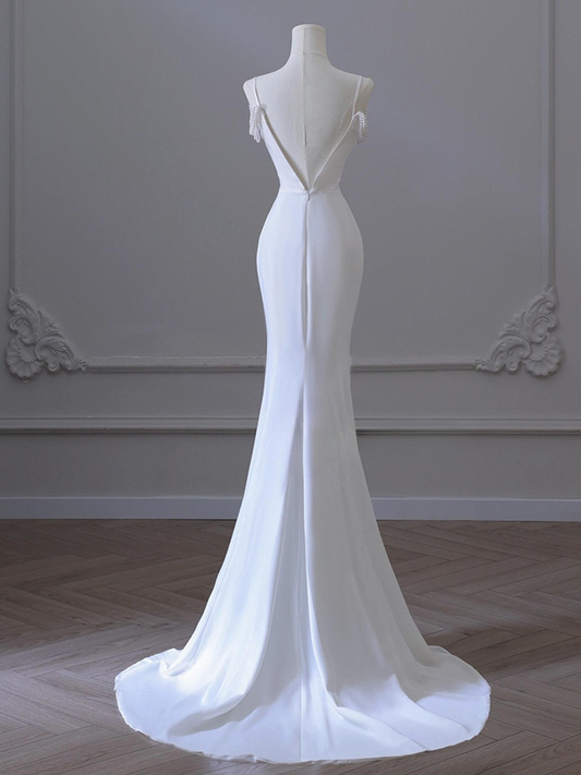 Classy Mermaid Spaghetti Straps White Satin Long Wedding Dress GG2944