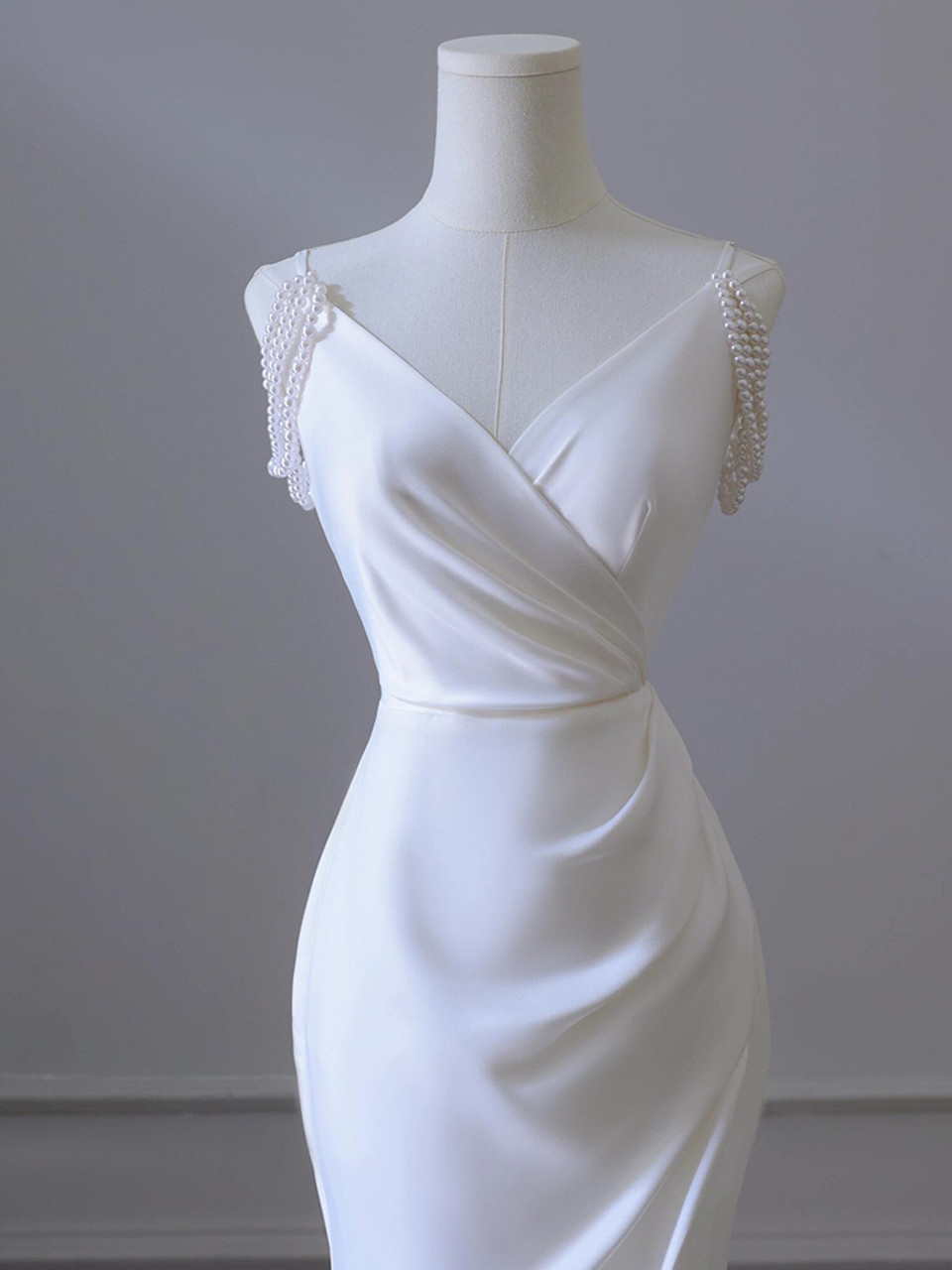 Classy Mermaid Spaghetti Straps White Satin Long Wedding Dress GG2944