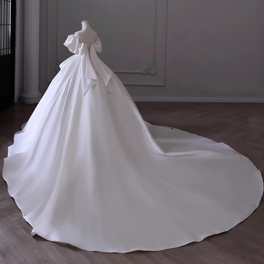 Dreamy Ball Gown Off The Shoulder White Satin Long Wedding Dress GG2947