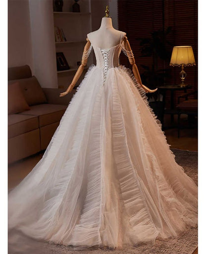 Dreamy A Line Spaghetti Straps Tulle Puffy Long Wedding Dress GG2948