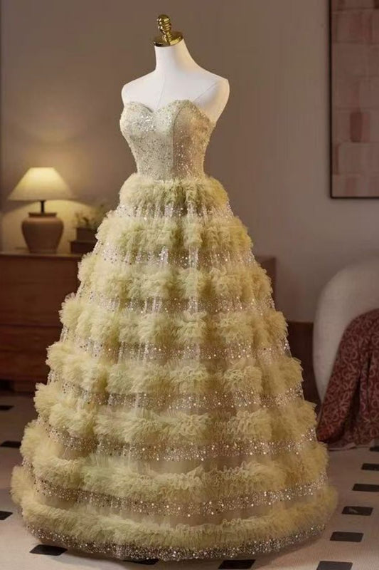 Princess Ball Gown Strapless Satin Tulle Beaded Long Wedding Dress GG2950