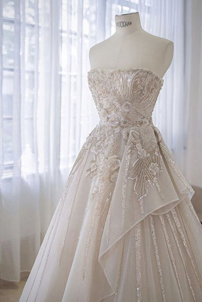 Pretty A Line Strapless Chiffon Tulle Beaded Long Wedding Dress GG2952