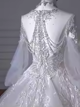 Dreamy Ball Gown White Tulle Beaded Applique Long Sleeves Long Wedding Dress GG2953