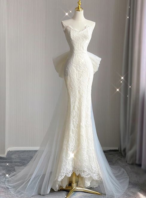 Pretty Mermaid Strapless Light Ivory Lace Tulle Long Wedding Dress GG2954