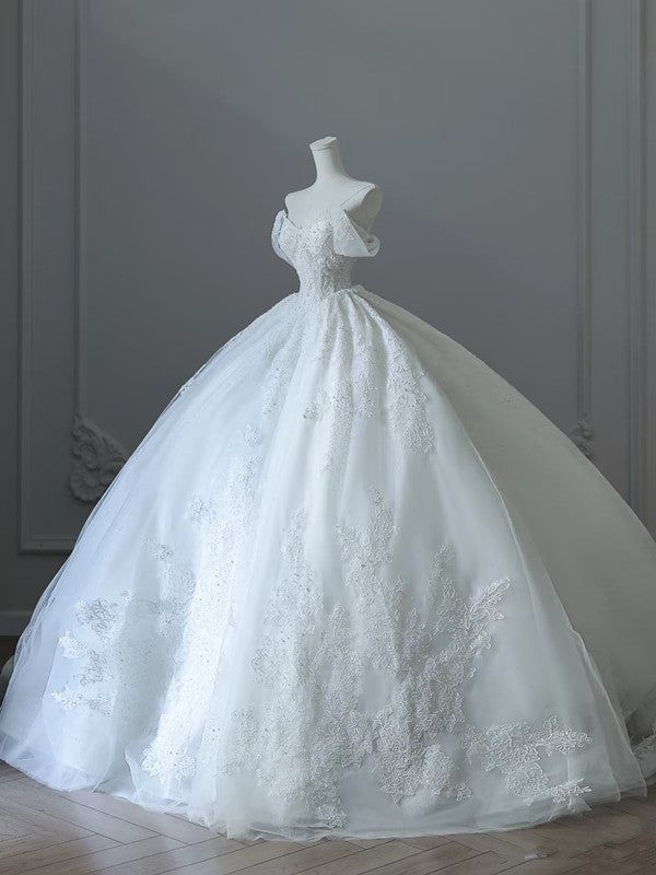 Timeless Ball Gown Off The Shoulder White Tulle Applique Long Wedding Dress GG2957