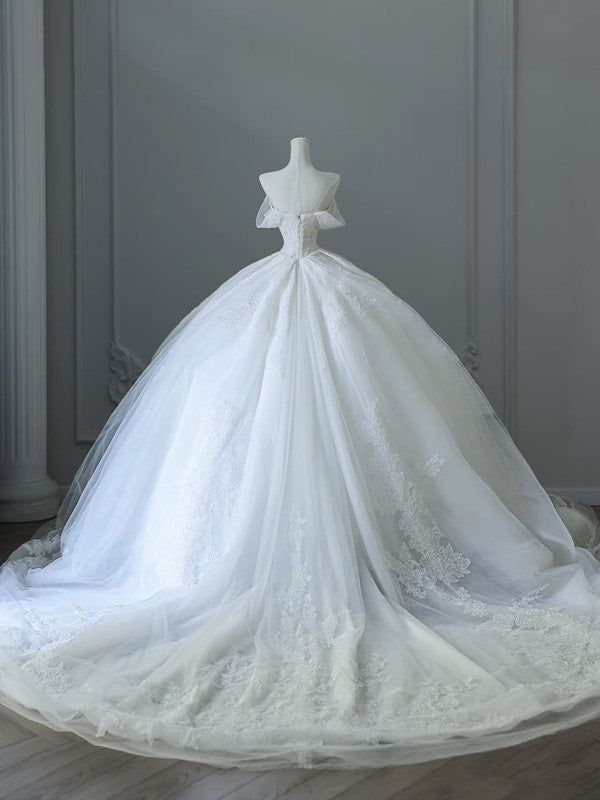 Timeless Ball Gown Off The Shoulder White Tulle Applique Long Wedding Dress GG2957