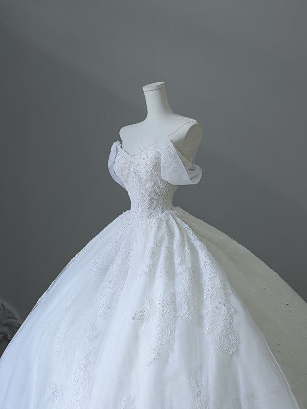 Timeless Ball Gown Off The Shoulder White Tulle Applique Long Wedding Dress GG2957
