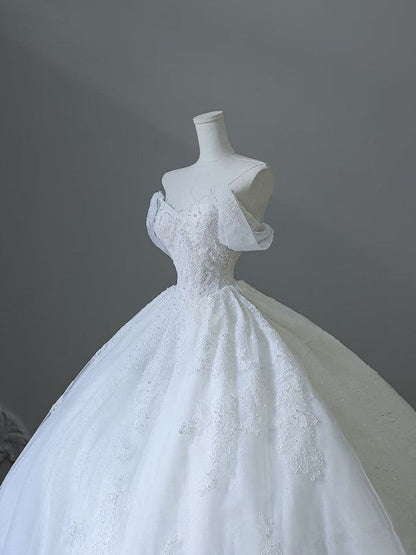 Timeless Ball Gown Off The Shoulder White Tulle Applique Long Wedding Dress GG2957
