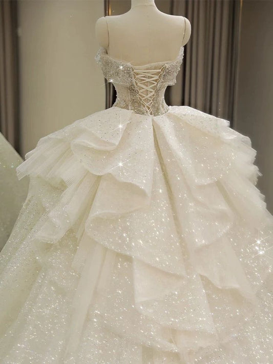 Dreamy Ball Gown Off The Shoulder Tulle Beaded Long Wedding Dress GG2958