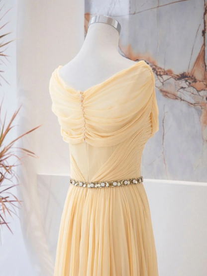 Chic A Line Pastel Yellow Sweetheart Tulle Beading Belt Long Prom Dress,Evening Dress GG295