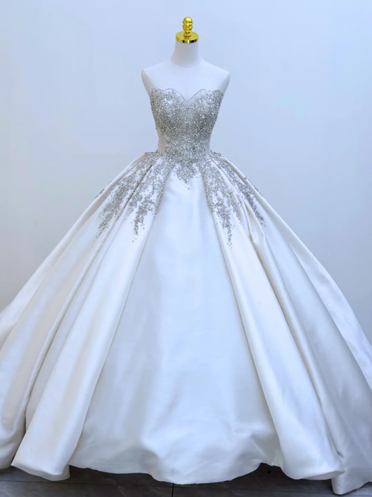 Princess Ball Gown Strapless Satin Beaded Long Wedding Dress GG2962