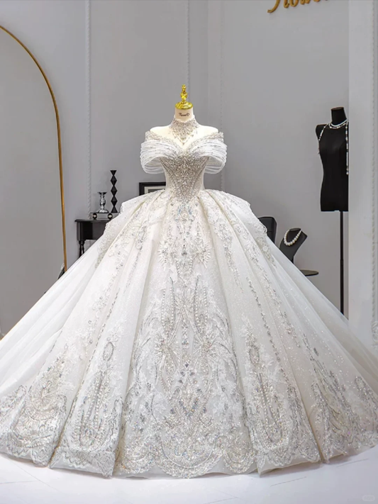 Dreamy Ball Gown Off The Shoulder Tulle Sequin Beaded Long Wedding Dress GG2964