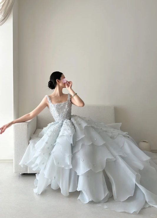 Princess Ball Gown Square Chiffon Applique Long Wedding Dress GG2965