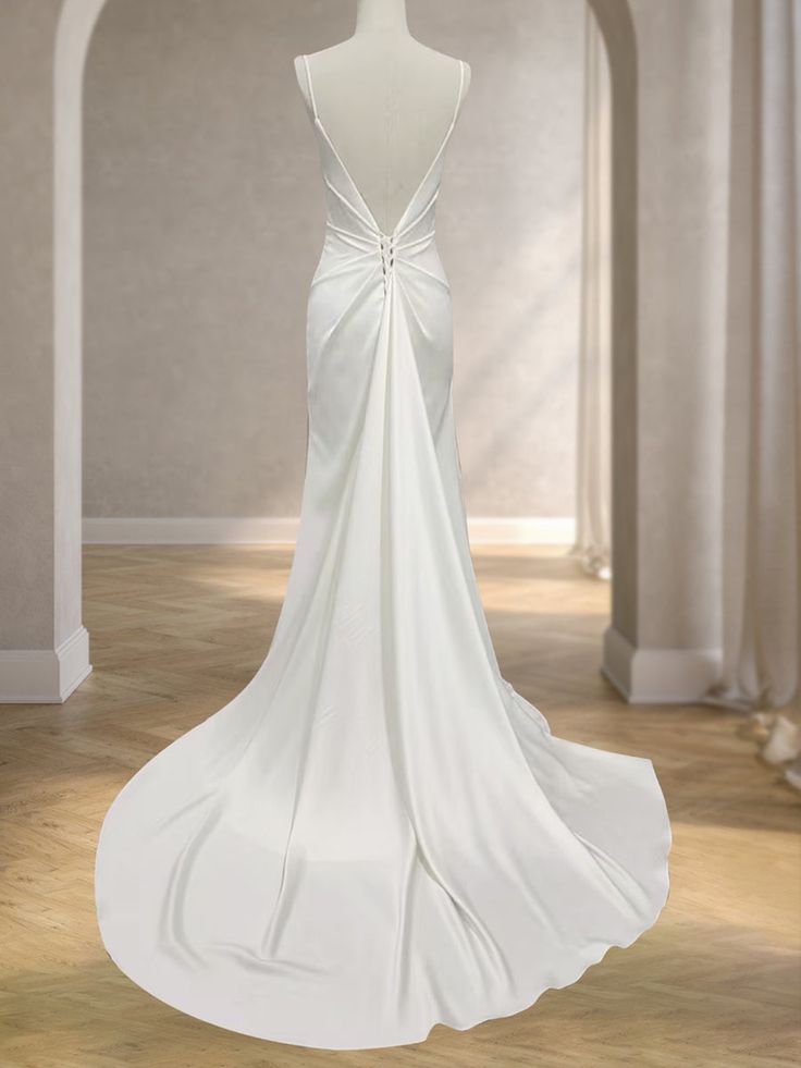 Simple Mermaid V Neck White Satin Backless Long Wedding Dress GG2966